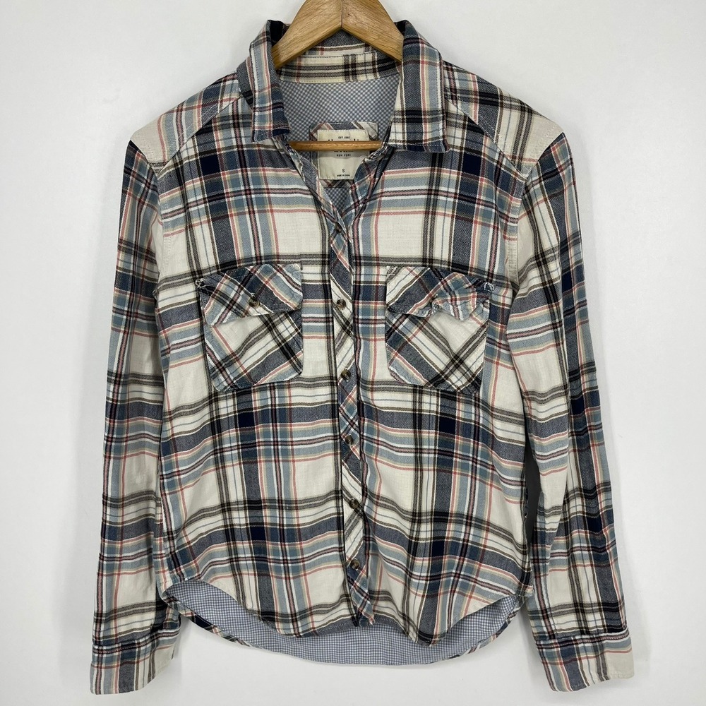 Abercrombie & Fitch Womens Small Plaid Flannel Button Down Shirt Blue Pink White